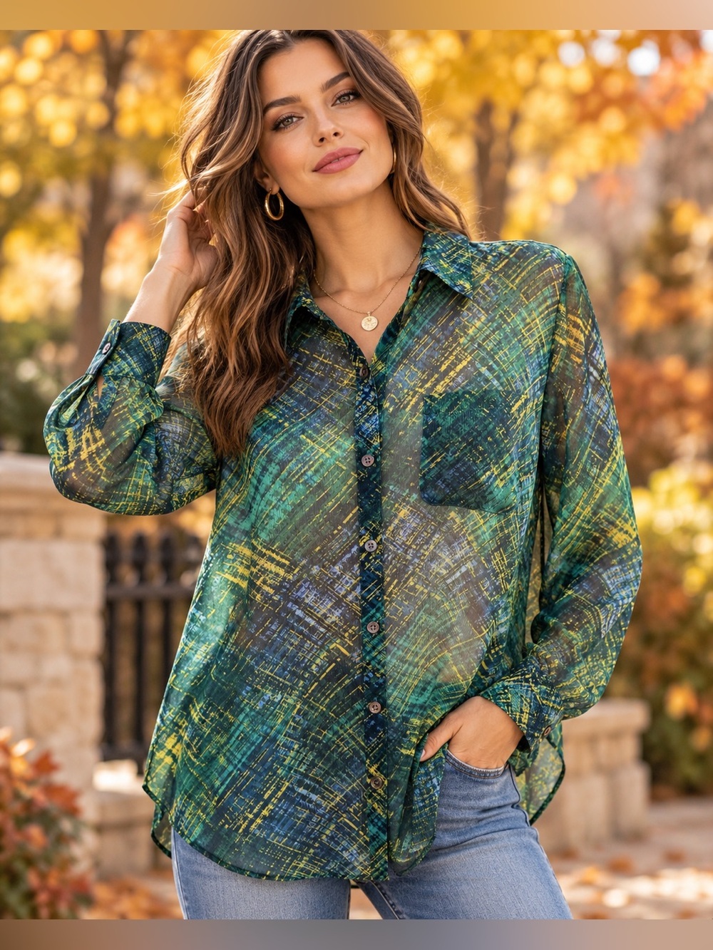 NWT J.Jill Medium Petite Abstract Print Sheer Button Front Blouse Teal Green